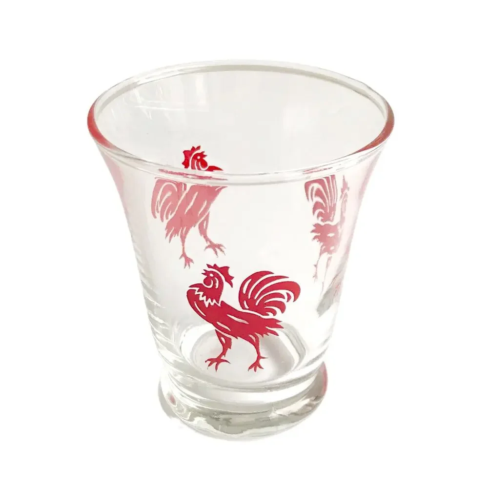 Vintage MCM Rooster Juice Glasses 2 Piece Set Red Clear Glass Drinkware Cups